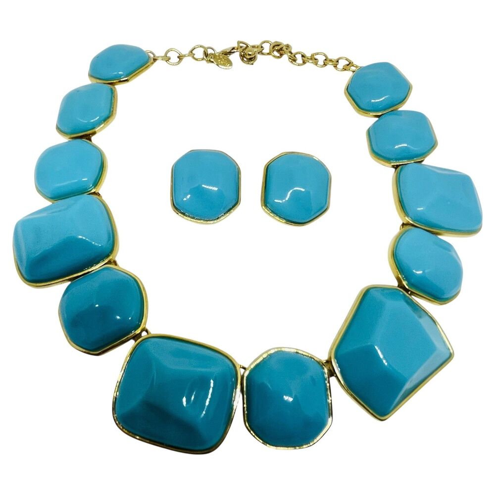 KJL KENNETH JAY LANE vintage gold turquoise designer necklace earrings set